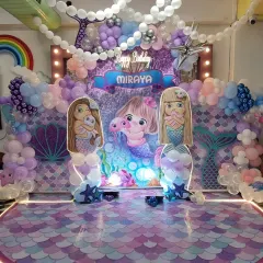 Dive into an underwater adventure with our magical Mermaid theme. This setup for Miraya featured shimmering backdrops, adorable mermaid characters, and a floor that looked just like mermaid scales.