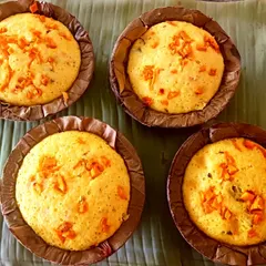 Immunity-boosting fresh turmeric idlis. They are steamed in eco-friendly leaf bowls, which adds a subtle, earthy flavour.