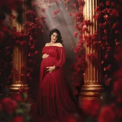 In my studio, we can create bold and moody portraits. Here, a beautiful mom to be is surrounded by red roses and dramatic lighting, creating a powerful and romantic image of motherhood.