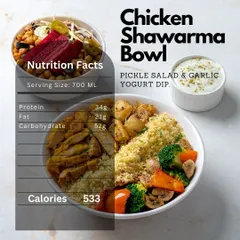 Our Chicken Shawarma Bowl is a fan favorite. With 34g of protein and only 533 calories, it's a perfectly calorie-counted meal that's packed with flavor, complete with pickle salad and a garlic yogurt dip.