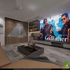 A view from the sofa shows how the projector screen commands the room for movie night. The system is designed to provide a large, immersive image that far surpasses a standard television, without permanently altering the room's layout.