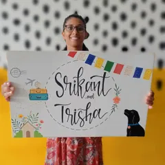 Nothing makes us happier than seeing our art find its home. This personalized name board was created for a travel-loving couple, complete with their furry friend, prayer flags, and travel motifs.