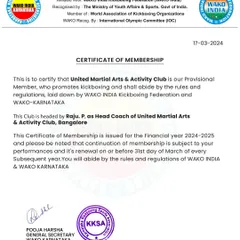 Our official Certificate of Membership from the Karnataka Kickboxing Sports Association (KKSA), affiliated with WAKO India and recognized by the International Olympic Committee.