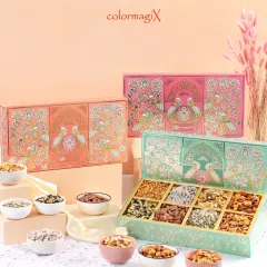 Our peacock-themed dry fruit boxes are a blend of artistry and wellness. Available in peach and mint green, these boxes have multiple compartments for a variety of healthy treats.
