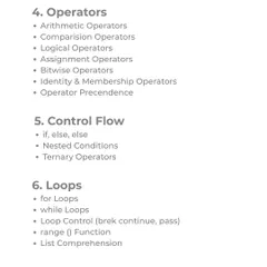 Part two of the Python Cheatsheet, detailing operators, control flow like if else statements, and loops for and while.