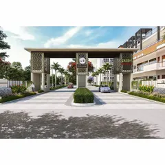 The grand entrance of the Green Valley housing community. This structure serves as an architectural landmark for the development, reflecting a modern and affluent identity through its clean design and intricate detailing.