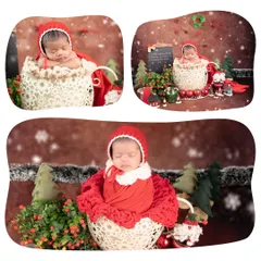 A collage of Christmas cheer. These images show a newborn in various festive setups, from being nestled in a sleigh to wearing a tiny Santa hat.