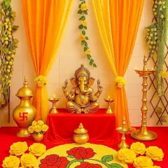 A classic and elegant Ganpati mandap for a home celebration. The setup features a beautiful brass Ganesha idol, warm yellow and orange drapes, and traditional brass diyas and kalash to create a space that feels both grand and deeply devotional.