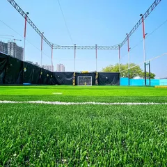 A low-angle shot of the artificial turf, highlighting the dense and realistic grass blades that provide an excellent playing surface.