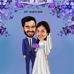 I design for all kinds of weddings. Here is a beautiful caricature for a Christian wedding, featuring a classic white gown and a sharp blue suit. I created a custom floral arch with the couple's names to frame the illustration.