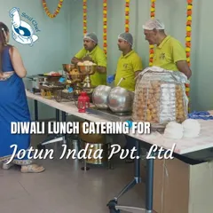 A live chaat counter set up for a Diwali lunch at Jotun India. Offering interactive food stations like this is a great way to add energy and excitement to any corporate festive celebration.