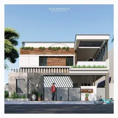 This residence design features a prominent covered balcony and a mix of materials including wood, concrete, and white render. The slatted gate and boundary wall continue the modern aesthetic from the street.