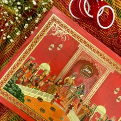 The outside of our fancy Bhaji Box is just as beautiful as the inside. The traditional Rajasthani artwork sets the perfect festive tone for a wedding celebration.