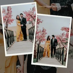 A collage showing a couple on our scenic bridge, a perfect example of the romantic moments captured here. The text overlay "Hand in hand, heart to heart" reflects the stories we help create.