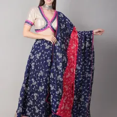 A full-length view of the royal blue Navratri outfit, highlighting the beautiful drape of the floral dupatta with its contrasting pink border.