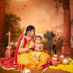 Another variation of the Krishna theme, this one with a more mythical, illustrated background. These fine-art portraits make for truly unique and cherished family heirlooms.