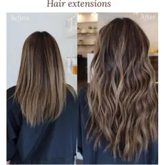 This before and after shows how hair extensions can also be used to add volume and texture. The client's hair looks much fuller and is styled in beautiful waves.
