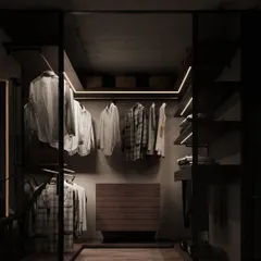 A walk-in closet designed with a moody, sophisticated palette. We used smoked glass doors, dark wood, and integrated LED strip lighting to create a space that feels like a personal boutique, where every item is beautifully displayed.