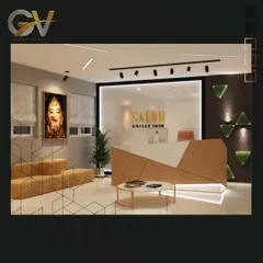 The reception and waiting area of a modern unisex salon, brought to life through a detailed 3D render. This design features a geometric reception desk, comfortable modular seating, and a combination of track and accent lighting to create a professional and welcoming first impression for clients.