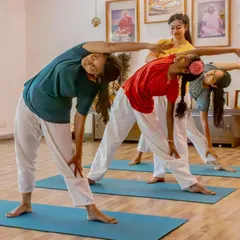 Students practice Trikonasana (Triangle Pose) in a group setting. This standing posture strengthens the legs, stretches the hips and spine, and improves overall balance and stability.