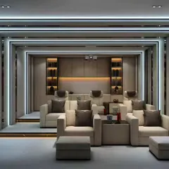 A dedicated home theater room designed for an immersive cinematic experience. It features tiered seating with comfortable recliners, professional-grade projection, and layered architectural lighting to set the perfect mood.