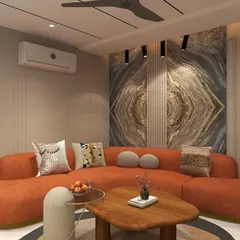 This 3D render shows the initial concept for the Hemkunt project's drawing area, focusing on a bold orange L-shaped sofa and a striking stone veneer accent wall to create a warm, contemporary vibe.