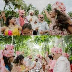 A collage capturing the essence of the Baraat. The groom's friends dance with abandon, celebrating his arrival with infectious energy.