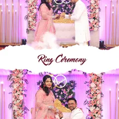 A collage showcasing the ring exchange and a playful proposal moment during an engagement ceremony, set against a beautiful floral backdrop.