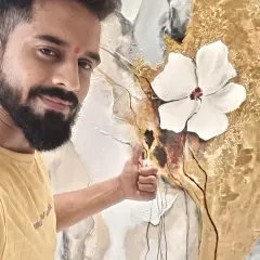 Here I am with the finished abstract piece. I love creating these textured paintings that you can not only see but also feel.