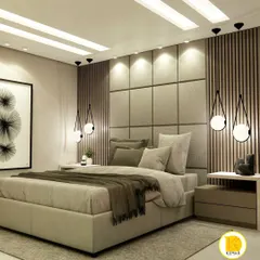 This bedroom design uses a mix of textures, including an upholstered grid-patterned headboard and vertical wood slats. The stylish pendant lights on either side of the bed add a modern, decorative touch.