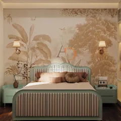 I design bedrooms to be personal retreats. This room features a custom bed against a serene, nature-inspired wallpaper, creating a tranquil focal point. The combination of a soft color palette, warm wooden flooring, and integrated lighting makes this a perfect space to unwind.