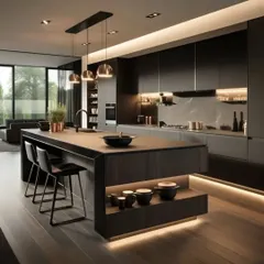 A luxurious open-concept kitchen featuring a large island with an integrated sink and bar seating. The dark wood cabinetry and ambient lighting create a sophisticated and inviting atmosphere perfect for entertaining.