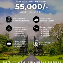 Here's what you get on our Bali yoga retreat, starting from 55,000. This includes stays in 4-star resorts, daily yoga, wellness experiences, and all internal transfers.