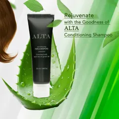 This is a creative infographic shot focusing on a single conditioning shampoo, using natural elements like aloe vera to visually communicate the product's benefits.