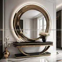 A foyer should make a grand first impression. This design features a bespoke console table beneath a stunning round mirror with a layered metal frame and backlighting, creating an exquisite symphony of luxury and design.