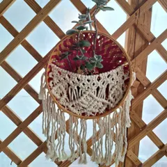 A cozy macrame basket, perfect for giving your favorite little plant a beautiful place to hang. I made this one with a colorful backing to add a pop of joy.