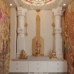 We transform spirituality into art. This luxurious mandir design features intricate pillars, a stunningly detailed ceiling medallion, and custom wallpaper to create a space that feels like a true sanctuary.