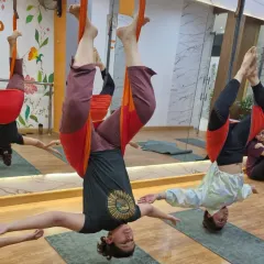 Finding stability and peace while upside down. This client is holding a steady inverted pose, which is fantastic for building upper body strength and improving blood flow. It’s a moment of focus and physical achievement.