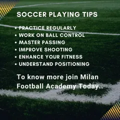 We provide our players with simple, actionable tips to improve their game. This graphic covers key areas like regular practice, ball control, passing, shooting, fitness, and positioning.