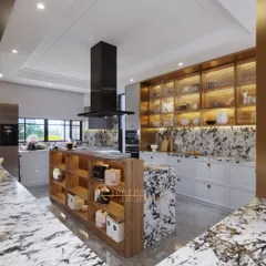 A view of the kitchen island from the side, showcasing the integrated wooden shelving that adds warmth and open storage to the striking marble structure.