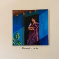 An acrylic painting of a woman in a saree, waiting in a blue doorway. The play of light and shadow, along with the quote from Gulzar, evokes a feeling of patient anticipation and introspection.