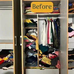 Before we began, this large wardrobe felt chaotic. Clothes were difficult to find, and the space wasn't being used effectively, leading to items piling up on the floor.