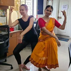 Everyone at our studio loves to learn. Here is our newest teacher, Ms. Iryna, learning a Bharatanatyam pose from our Arts Coordinator, Dyumna. We believe in embracing and exploring all forms of dance.