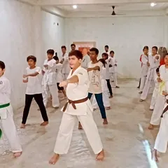 Students practicing a basic block in zenkutsu-dachi. Notice the focus on their faces. The white gi (uniform) and colored belts are our identity.