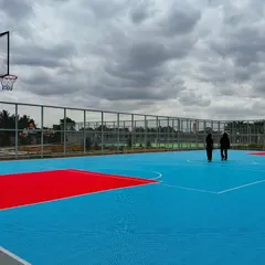 A ground-level view of the vibrant basketball court at Serene Exotica. The bold colors and professional-grade finish make it an inviting space for both casual play and serious competition.