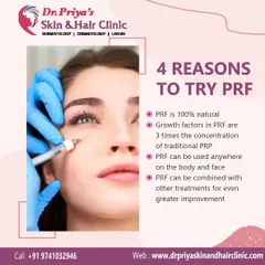 This graphic presents four key reasons to consider PRF. It is 100% natural, contains a higher concentration of growth factors than PRP, is versatile for use on the face and body, and can be combined with other treatments.