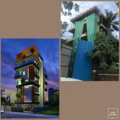 Another before-and-after concept, showing the architectural visualization of a modern apartment building next to the work-in-progress site. We oversee both the architectural and interior phases.