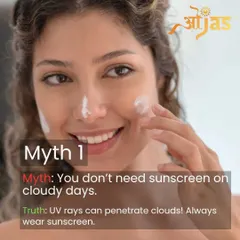 Myth: You don't need sunscreen on cloudy days. Truth: UV rays penetrate clouds, so you must wear sunscreen every single day to prevent skin damage and premature aging.