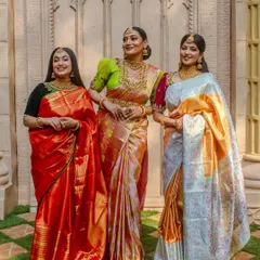 A group of beautiful women, all adorned in different sets from our collection for a collaborative photoshoot. It shows the variety we offer for bridesmaids and family.