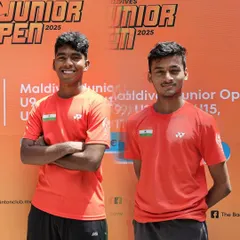 Mukkesh Yadavar and Tanmay Bhagat, our U19 Boys Doubles Gold Medalists at the Maldives Junior Open. Their synergy and skill on the court are a result of dedicated training.
